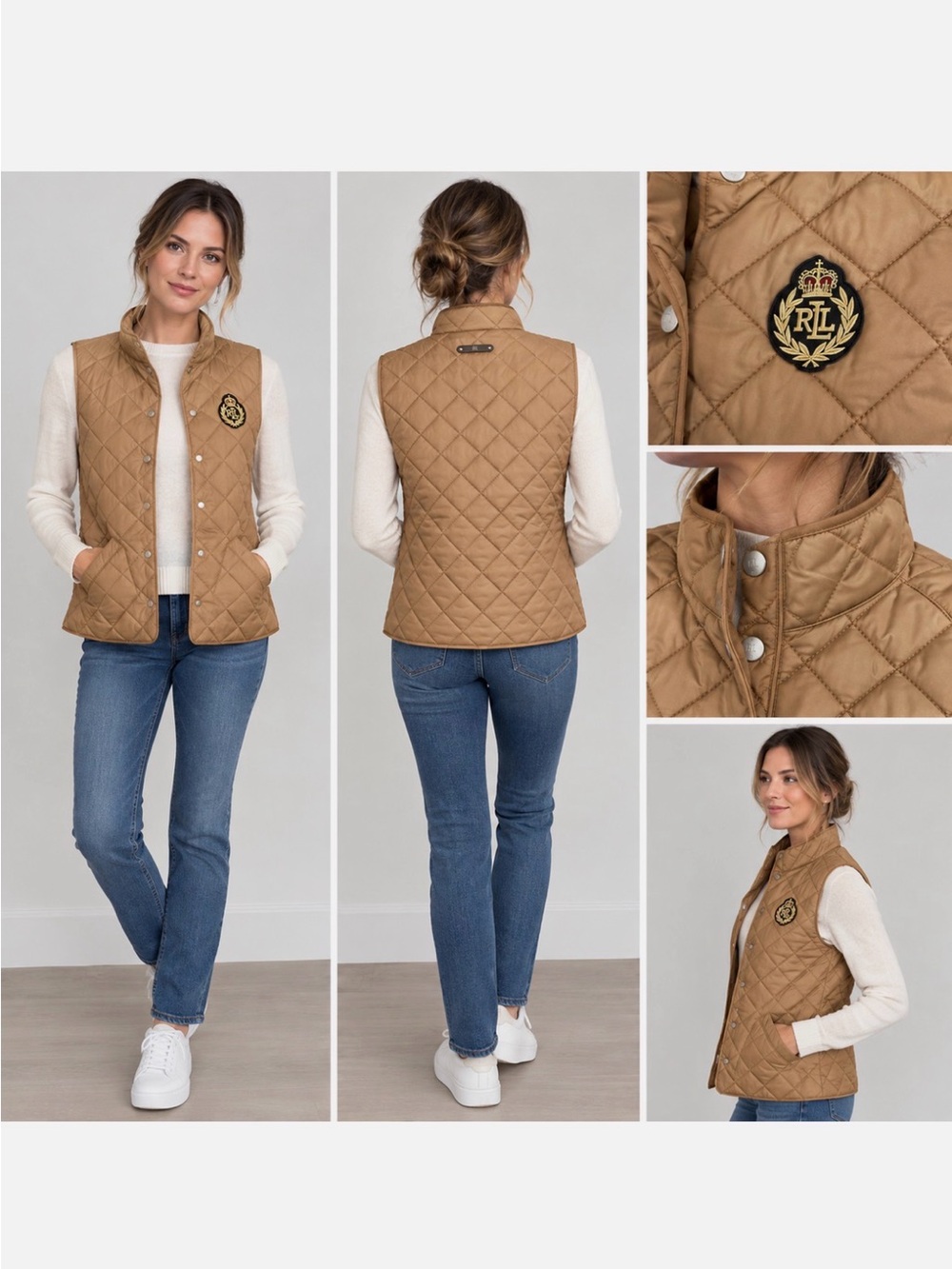 NWT Lauren Ralph Lauren Quilted Vest with Crest - Classic Camel - Small